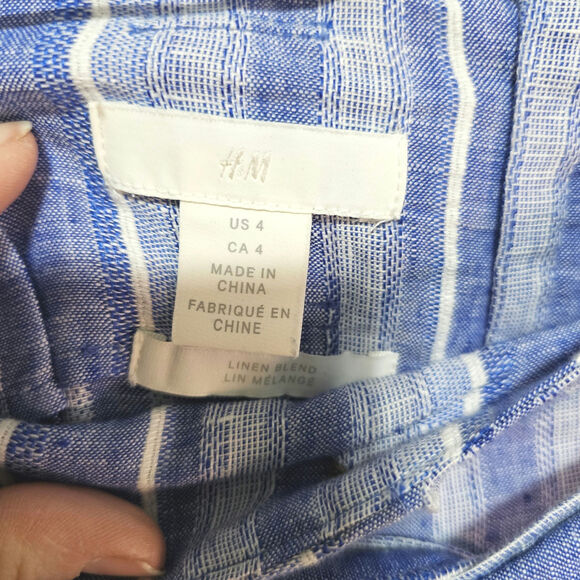 H&M Linen Blend Paperbag Skirt Minimalist Blue Stripe Button-Up Belt Sz 4 NWOT - Picture 5 of 8